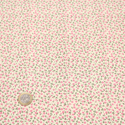 Tissu popeline de coton ANNA aux fines fleurs roses, fond écru - tissuspipi.com
