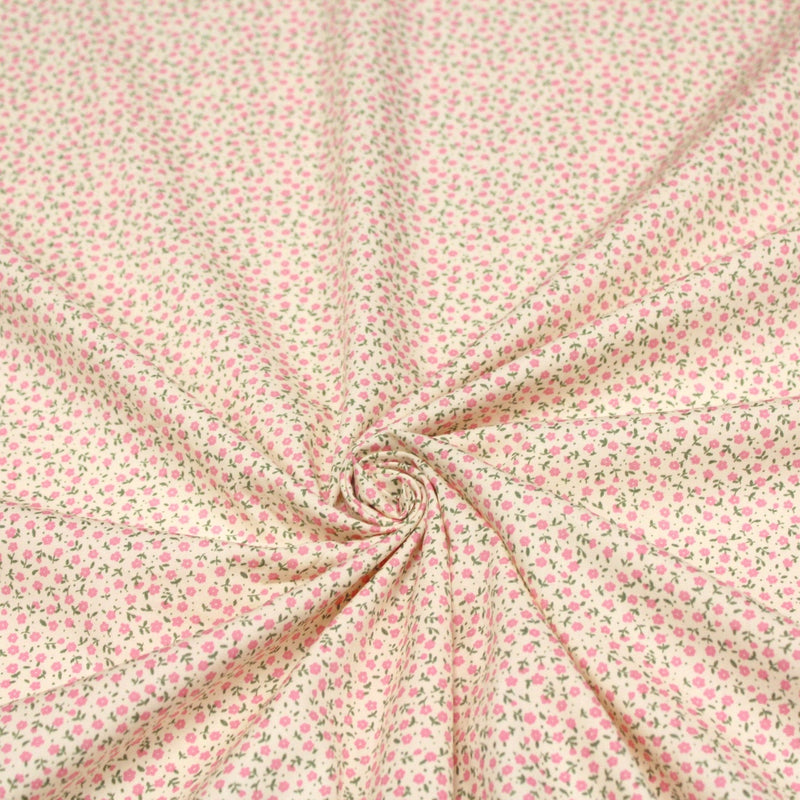 Tissu popeline de coton ANNA aux fines fleurs roses, fond écru - tissuspipi.com