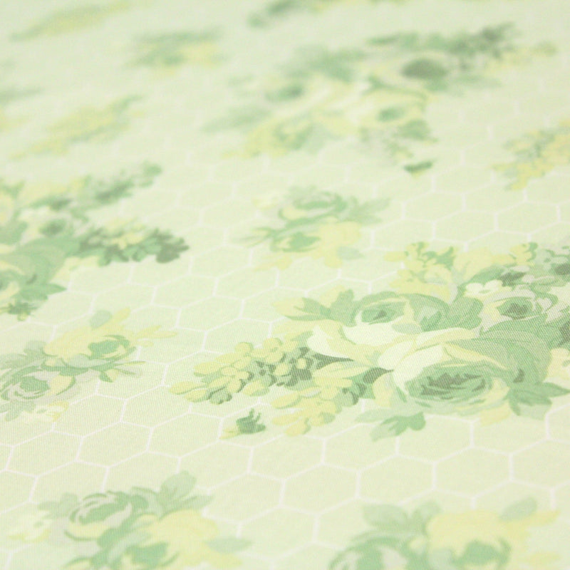 Tissu popeline coton WIMBLEDON, fond nid d'abeille & fleurs vert pistache, motif britannique - tissuspipi.com