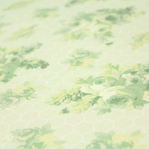Tissu popeline coton WIMBLEDON, fond nid d'abeille & fleurs vert pistache, motif britannique - tissuspipi.com