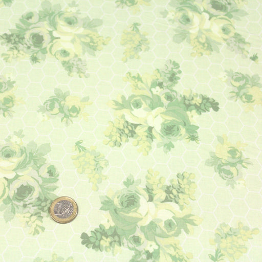 Tissu popeline coton WIMBLEDON, fond nid d'abeille & fleurs vert pistache, motif britannique - tissuspipi.com