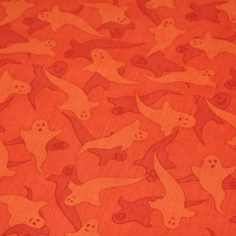 Tissu popeline de coton aux fantômes orange, fond orange - COLLECTION HALLOWEEN - tissuspipi.com