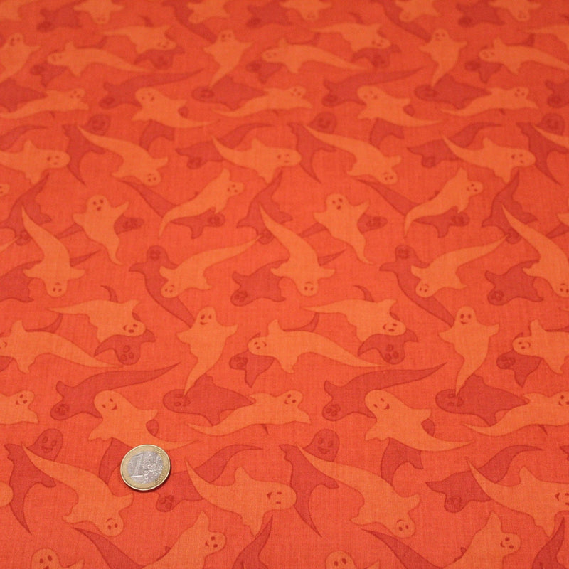 Tissu popeline de coton aux fantômes orange, fond orange - COLLECTION HALLOWEEN - tissuspipi.com