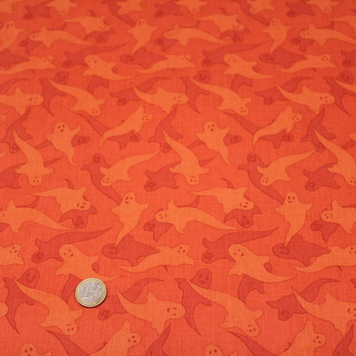 Tissu popeline de coton aux fantômes orange, fond orange - COLLECTION HALLOWEEN - tissuspipi.com