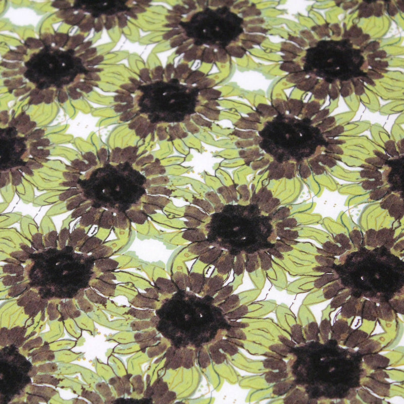Tissu popeline de coton fleuri blanc aux tournesols vert pistache & marron - tissuspipi.com