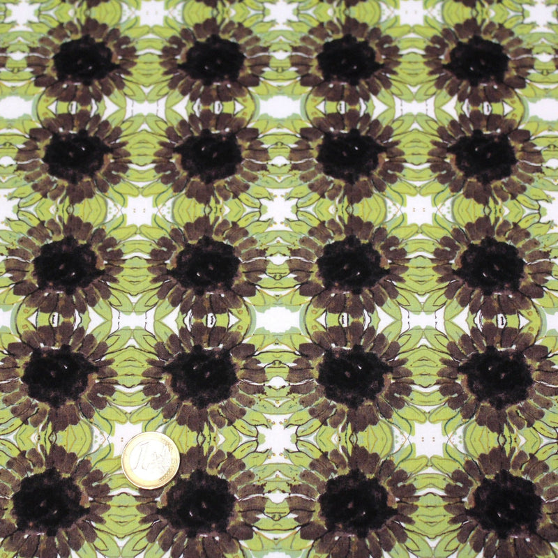 Tissu popeline de coton fleuri blanc aux tournesols vert pistache & marron - tissuspipi.com