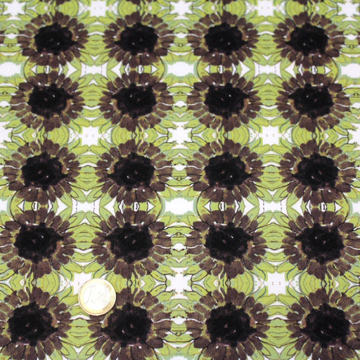 Tissu popeline de coton fleuri blanc aux tournesols vert pistache & marron - tissuspipi.com