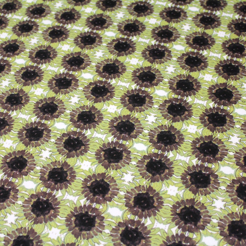 Tissu popeline de coton fleuri blanc aux tournesols vert pistache & marron - tissuspipi.com