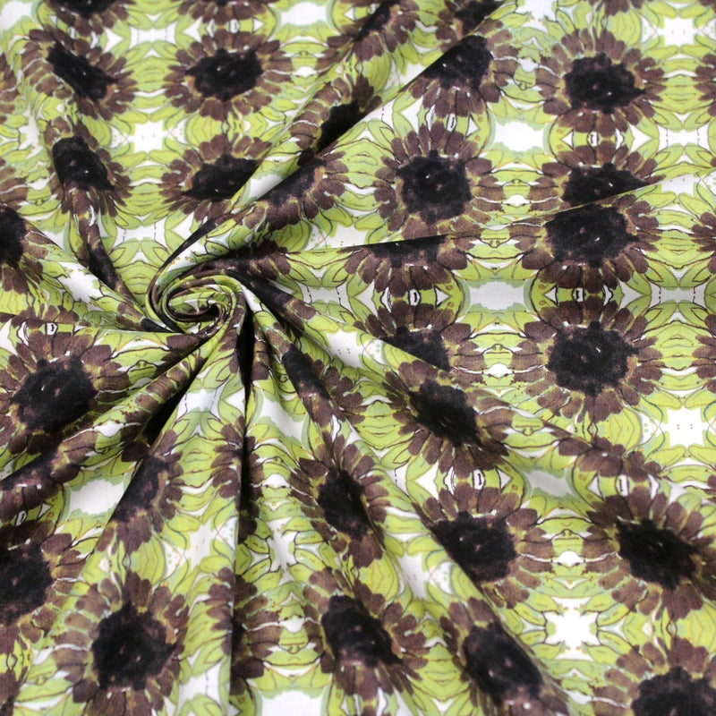 Tissu popeline de coton fleuri blanc aux tournesols vert pistache & marron - tissuspipi.com