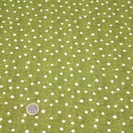 Tissu popeline de coton aux chevrons verts et petits pois écrus 6mm - tissuspipi.com