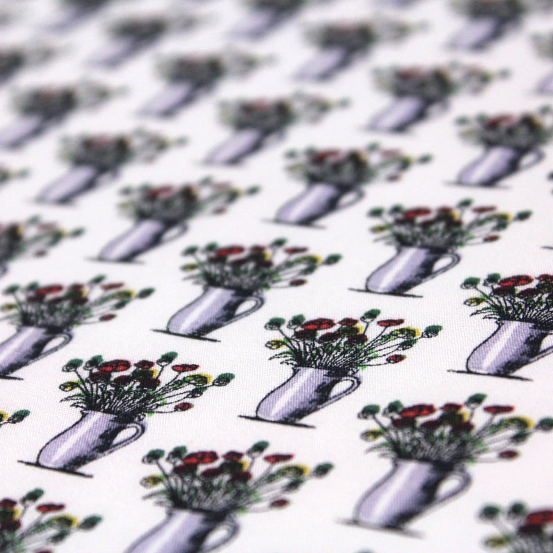 Tissu popeline de coton aux fleurs en pot, fond blanc - tissuspipi.com