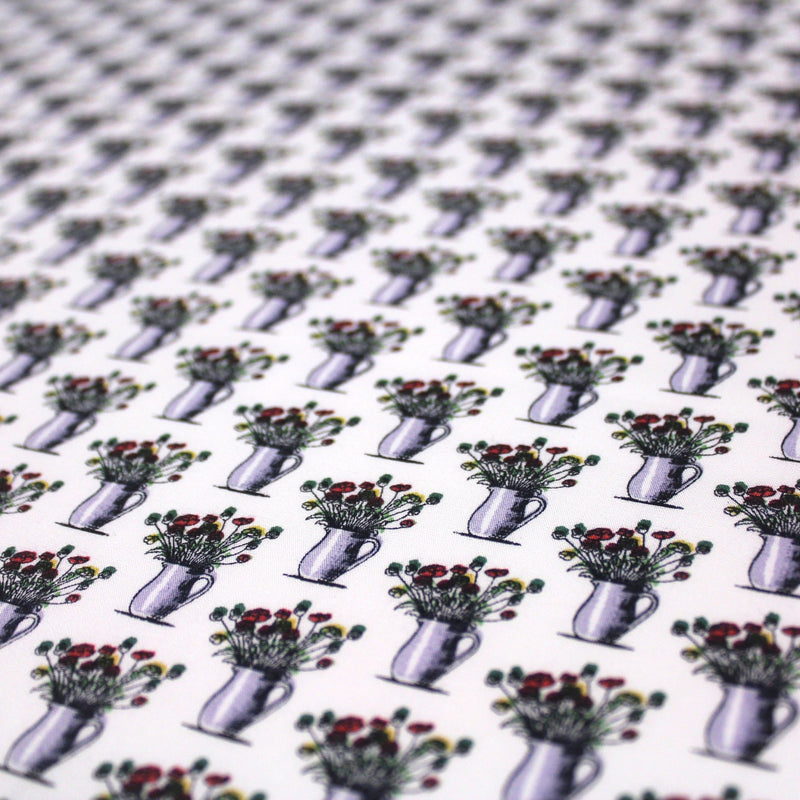 Tissu popeline de coton aux fleurs en pot, fond blanc - tissuspipi.com