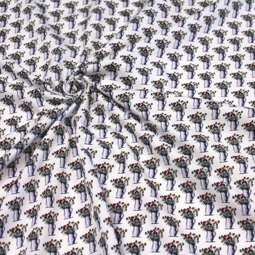 Tissu popeline de coton aux fleurs en pot, fond blanc - tissuspipi.com