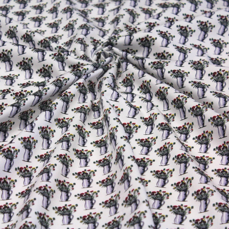Tissu popeline de coton aux fleurs en pot, fond blanc - tissuspipi.com