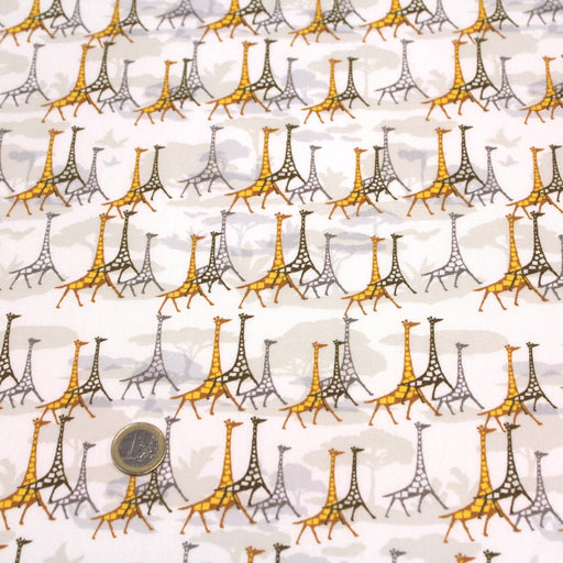 Tissu popeline de coton aux girafes jaunes & baobab, fond blanc - tissuspipi.com