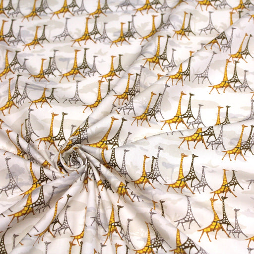 Tissu popeline de coton aux girafes jaunes & baobab, fond blanc - tissuspipi.com