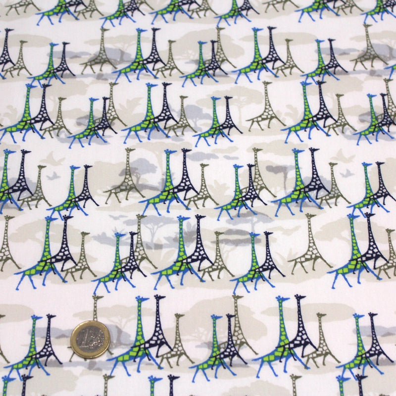 Tissu popeline de coton aux girafes bleues & baobab, fond blanc - tissuspipi.com