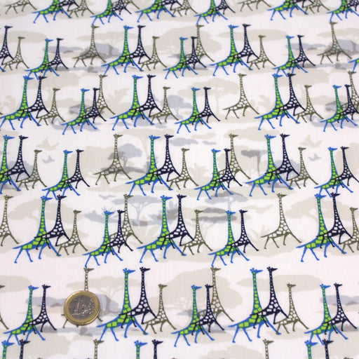 Tissu popeline de coton aux girafes bleues & baobab, fond blanc - tissuspipi.com