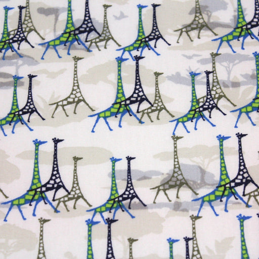Tissu popeline de coton aux girafes bleues & baobab, fond blanc - tissuspipi.com