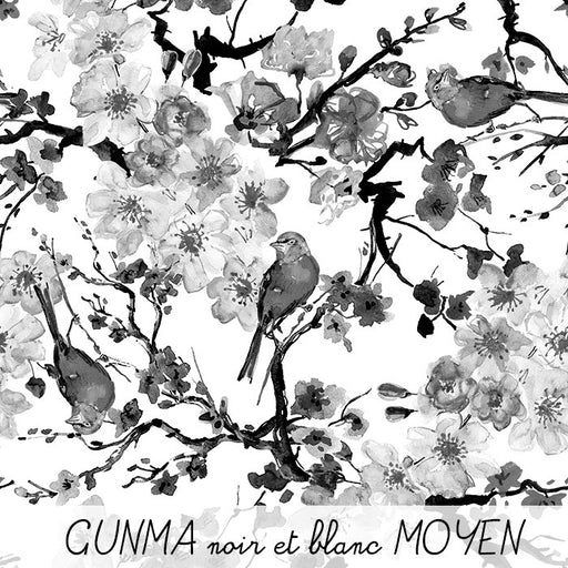 Tissu cotonnade motif jardin japonais GUNMA aux oiseaux et fleurs de cerisier noir et blanc - tissuspipi.com