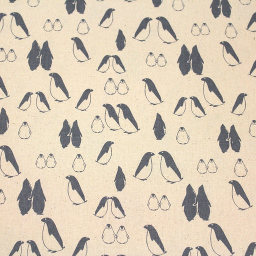 Tissu de coton de Noël scandinave aux pingouins gris - bleu, fond écru - tissuspipi.com