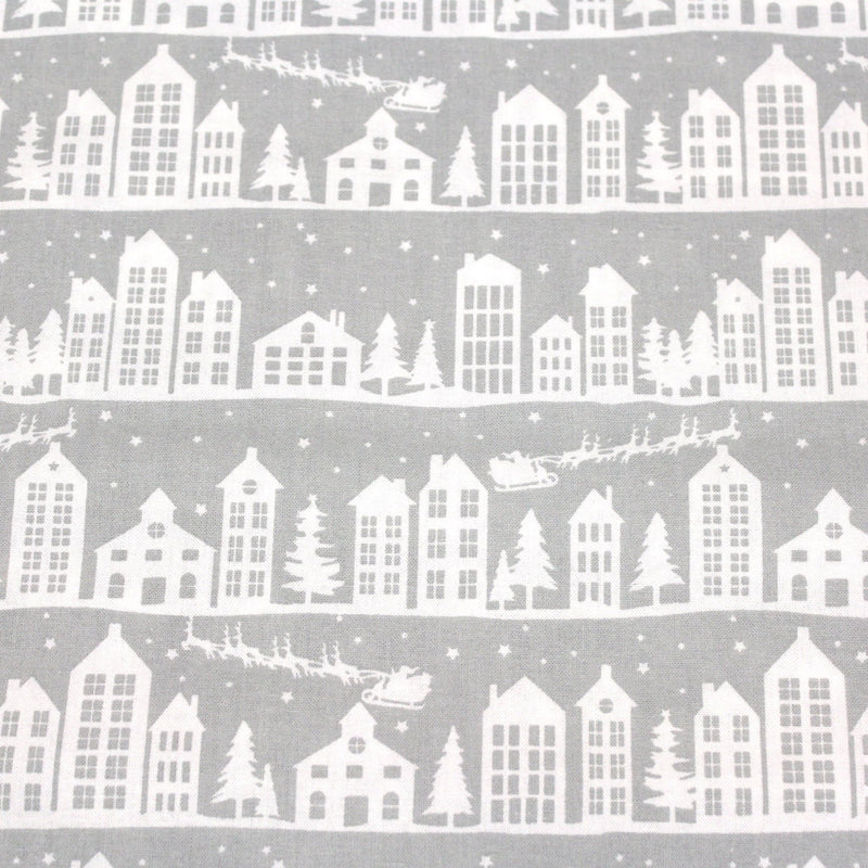Tissu de coton de Noël scandinave aux maisons scandinaves blanches, fond gris - tissuspipi.com