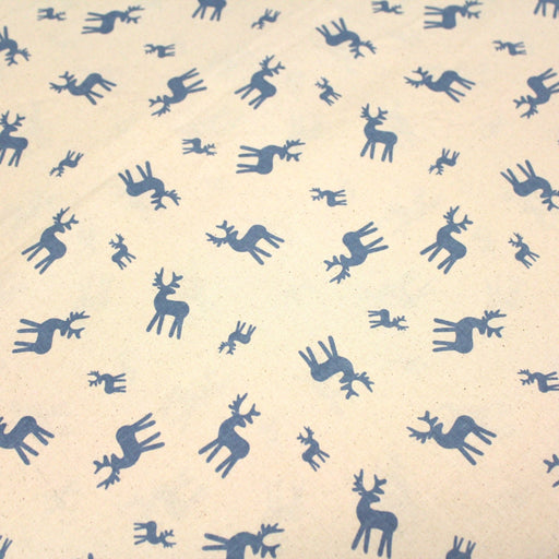 Tissu de coton de Noël scandinave aux rennes bleus, fond écru - tissuspipi.com