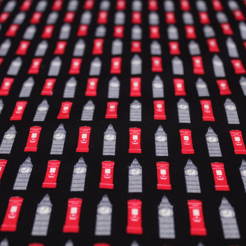 Tissu popeline de coton LONDON aux boîtes aux lettres mailbox rouges & Big Ben, fond noir - tissuspipi.com