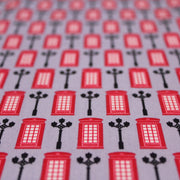 Tissu popeline coton LONDON, cabines téléphoniques rouges & réverbères britanniques - tissuspipi.com
