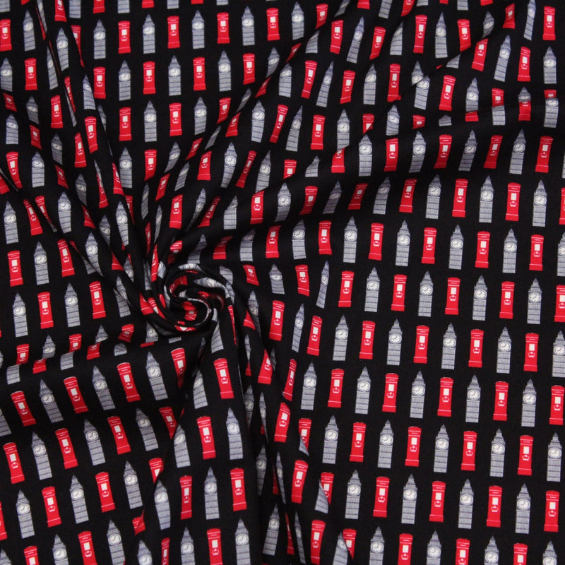 Tissu popeline de coton LONDON aux boîtes aux lettres mailbox rouges & Big Ben, fond noir - tissuspipi.com