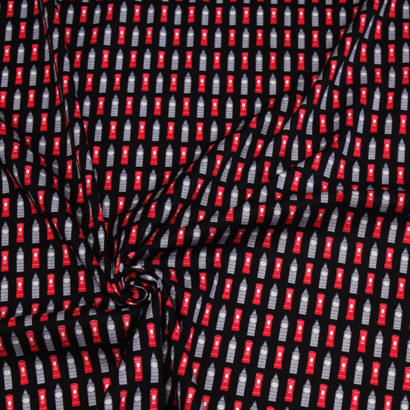 Tissu popeline de coton LONDON aux boîtes aux lettres mailbox rouges & Big Ben, fond noir - tissuspipi.com