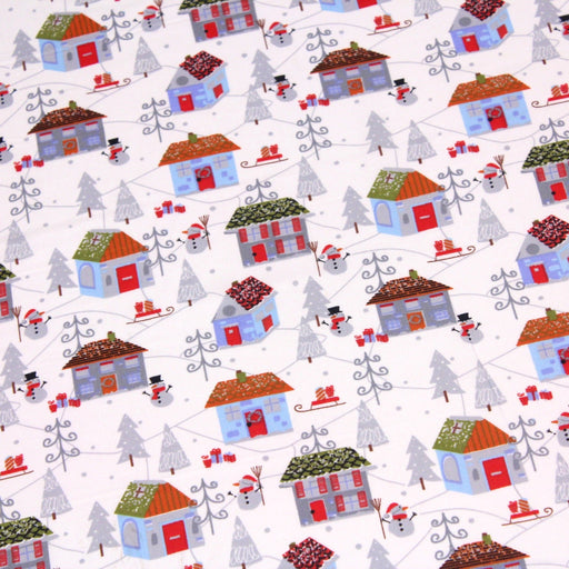 Tissu popeline de coton de Noël aux petites maisons & bonshommes de neige, fond blanc - tissuspipi.com