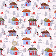 Tissu popeline de coton de Noël aux petites maisons & bonshommes de neige, fond blanc - tissuspipi.com