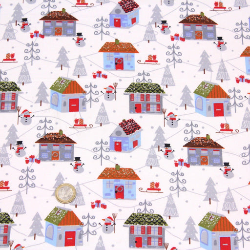 Tissu popeline de coton de Noël aux petites maisons & bonshommes de neige, fond blanc - tissuspipi.com