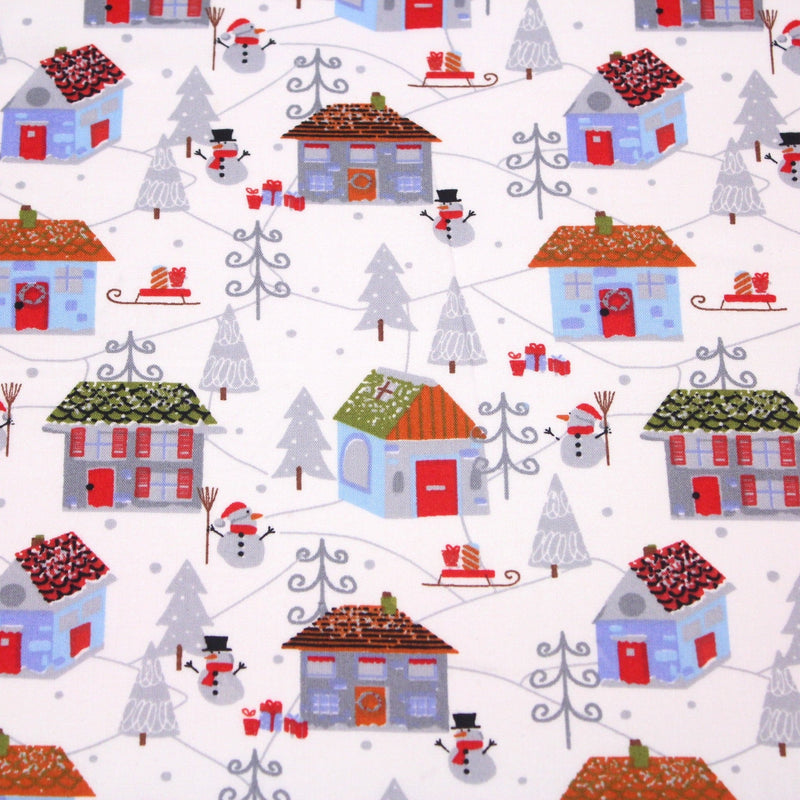 Tissu popeline de coton de Noël aux petites maisons & bonshommes de neige, fond blanc - tissuspipi.com