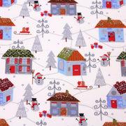 Tissu popeline de coton de Noël aux petites maisons & bonshommes de neige, fond blanc - tissuspipi.com