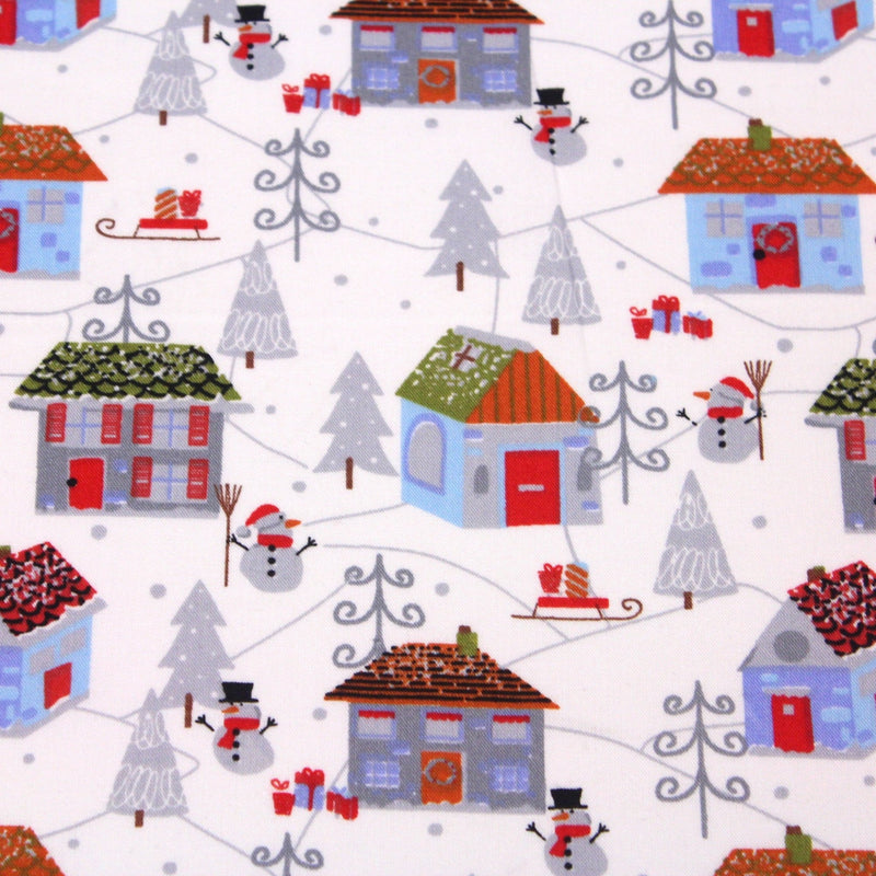 Tissu popeline de coton de Noël aux petites maisons & bonshommes de neige, fond blanc - tissuspipi.com