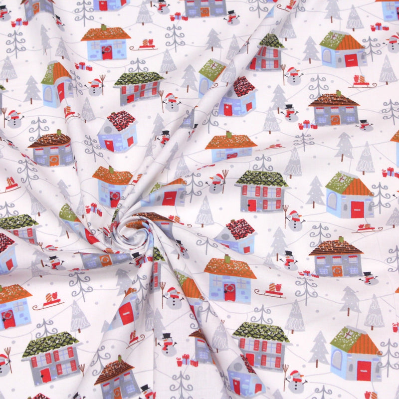 Tissu popeline de coton de Noël aux petites maisons & bonshommes de neige, fond blanc - tissuspipi.com