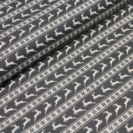 Tissu de coton de Noël scandinave aux rennes & étoiles de neiges écrus, fond gris - tissuspipi.com
