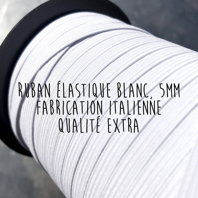 Ruban élastique 5mm, blanc, qualité extra - Fabrication italienne - tissuspipi.com
