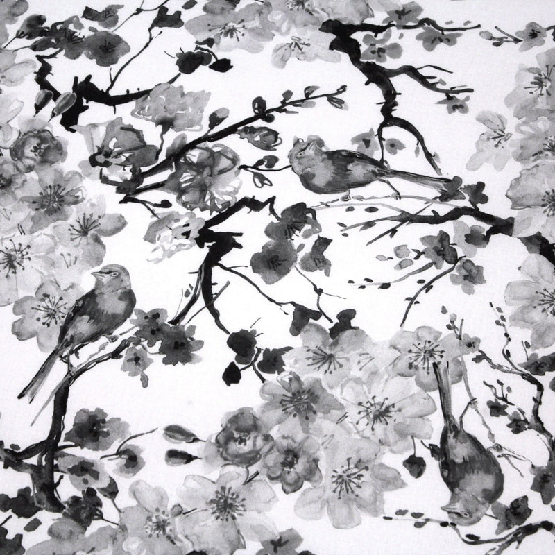 Tissu cotonnade motif jardin japonais GUNMA aux oiseaux et fleurs de cerisier noir et blanc - tissuspipi.com