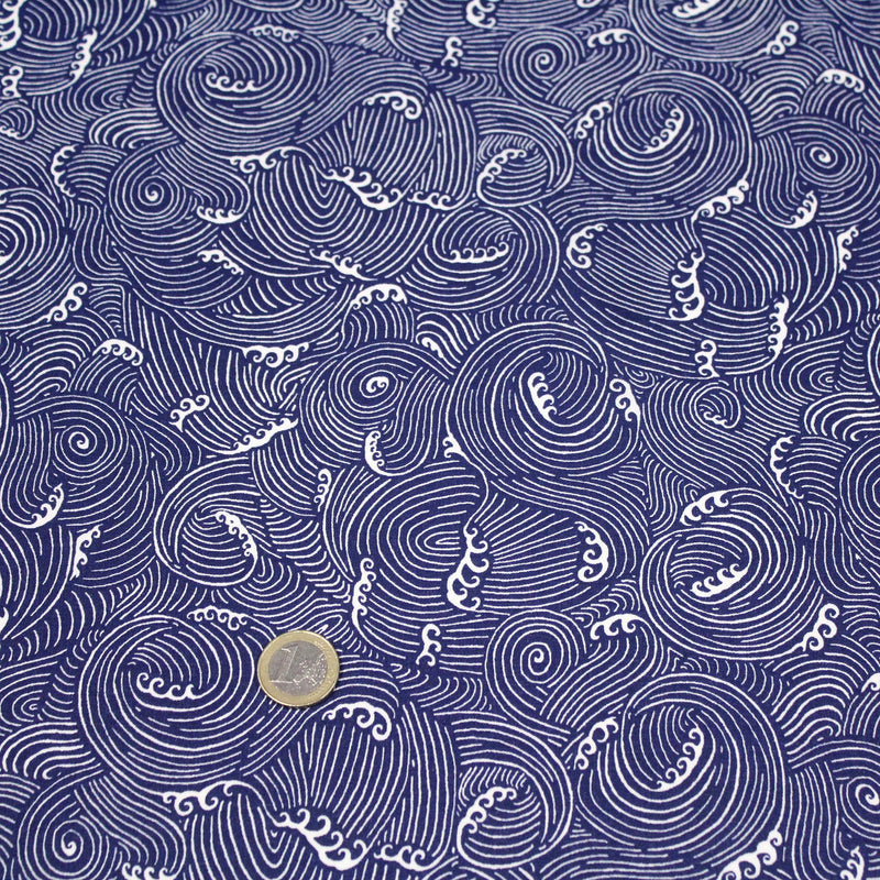 Tissu cotonnade vagues japonaises NAMI bleu roi et blanches, façon Kanagawa par Hokusai - OEKO - TEX STANDARD 100 - tissuspipi.com