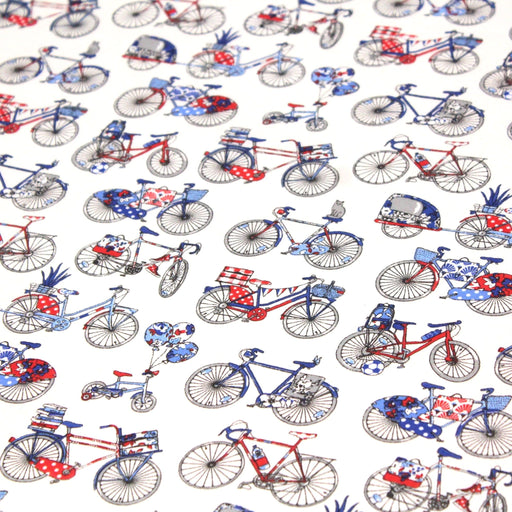Tissu de coton aux petits vélos tricolores bleus blancs rouges, fond écru - Oeko - Tex - tissuspipi.com