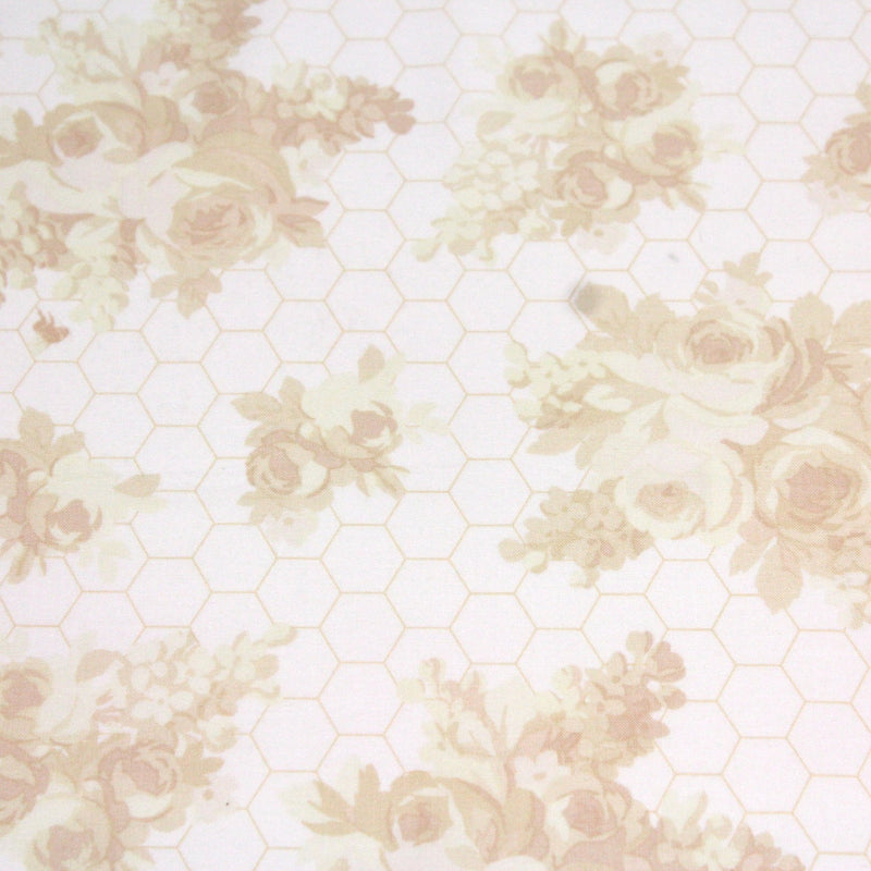 Tissu popeline coton WIMBLEDON, fond nid d'abeille & fleurs jaune pâle, motif britannique - tissuspipi.com