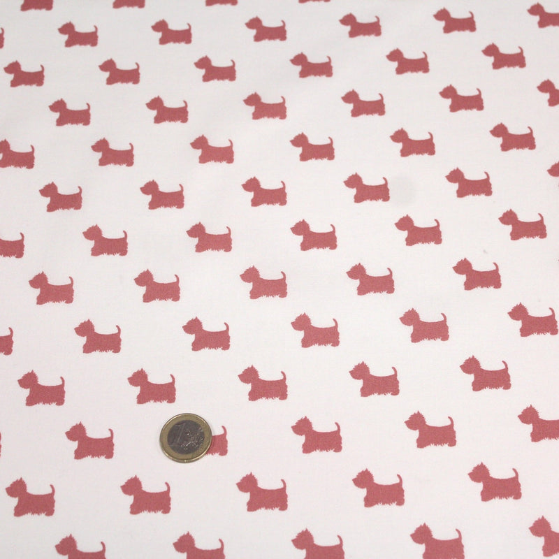 Tissu popeline de coton aux petits chiens vieux rose, fond blanc - tissuspipi.com