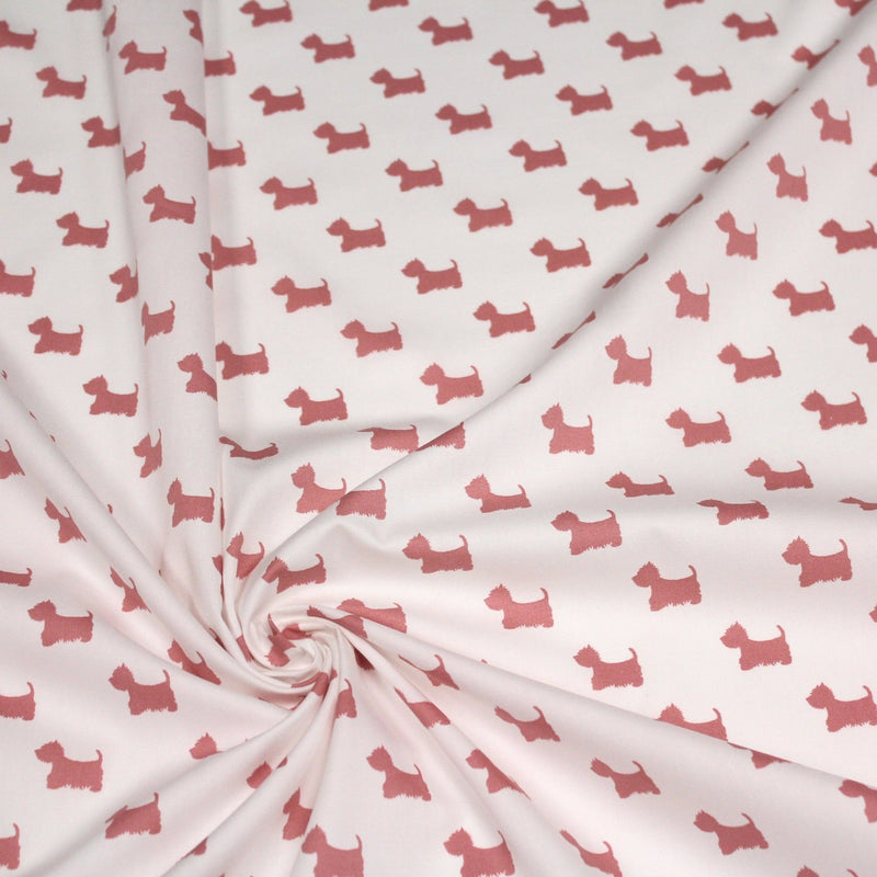 Tissu popeline de coton aux petits chiens vieux rose, fond blanc - tissuspipi.com