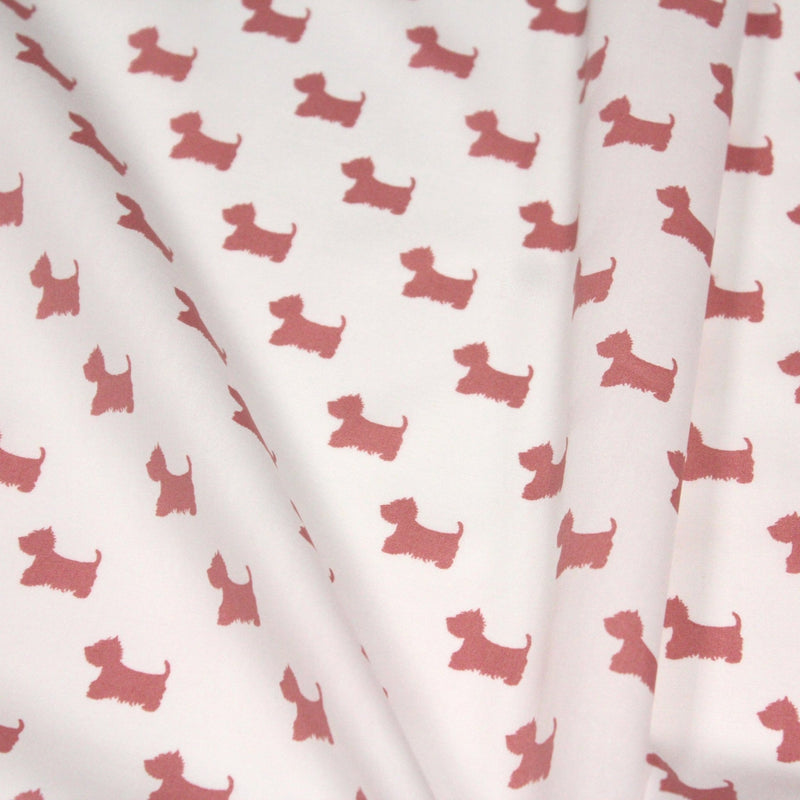 Tissu popeline de coton aux petits chiens vieux rose, fond blanc - tissuspipi.com