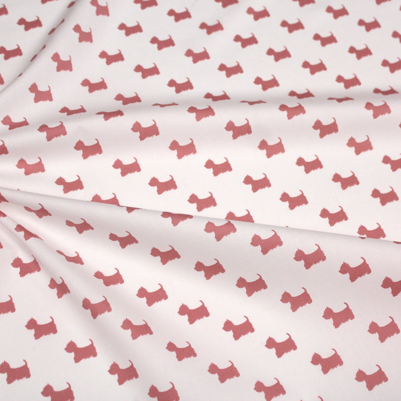 Tissu popeline de coton aux petits chiens vieux rose, fond blanc - tissuspipi.com