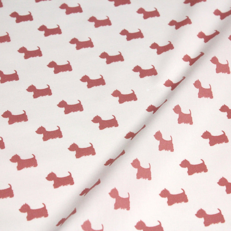Tissu popeline de coton aux petits chiens vieux rose, fond blanc - tissuspipi.com