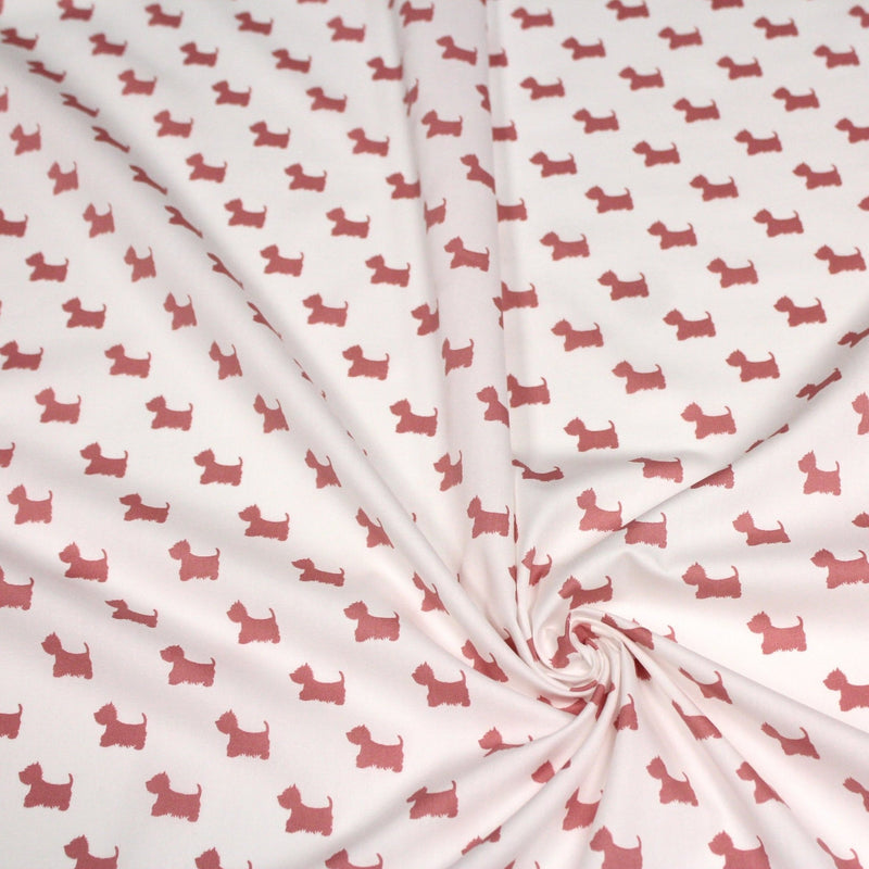Tissu popeline de coton aux petits chiens vieux rose, fond blanc - tissuspipi.com
